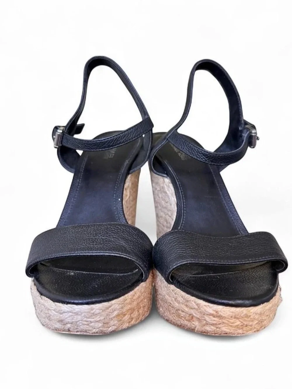 Michael Kors Black Leather Espadrille Platform Wedges Size 7.5